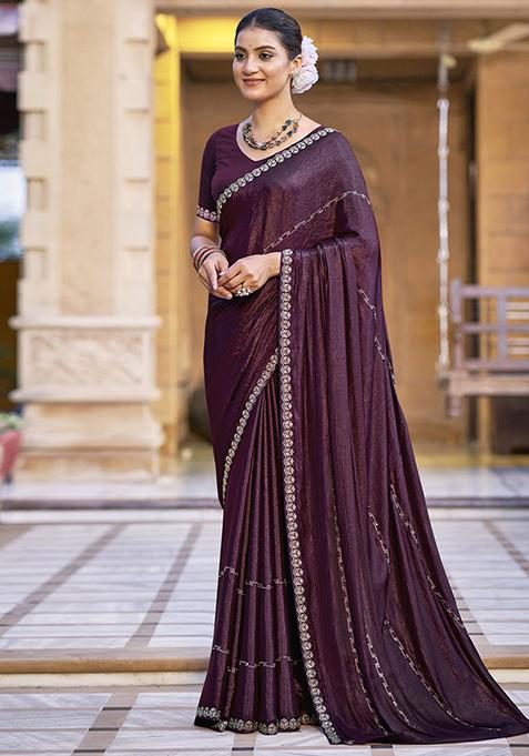 Wine Embellished Shimmer Chiffon Saree Set