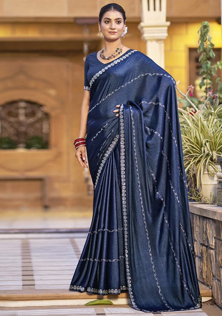 Navy Blue Embellished Shimmer Chiffon Saree Set