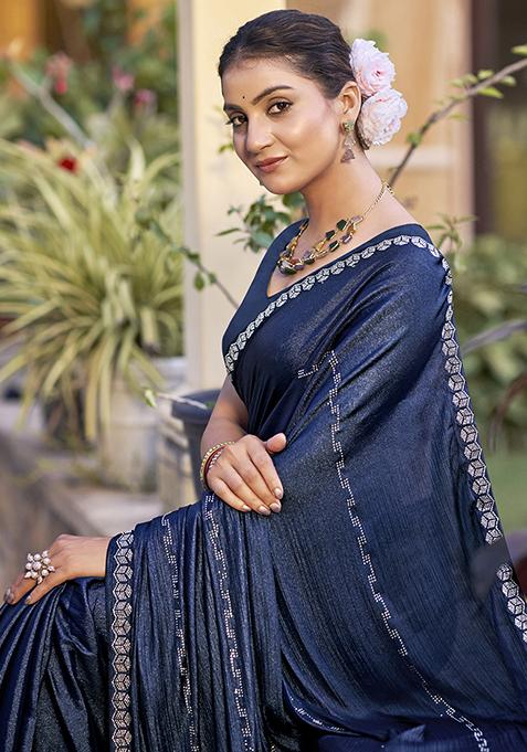 Navy Blue Embellished Shimmer Chiffon Saree Set