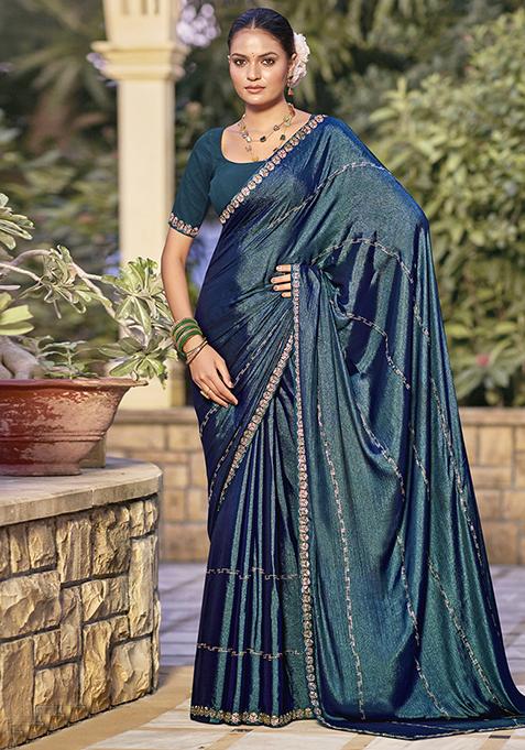 Teal Embellished Shimmer Chiffon Saree Set