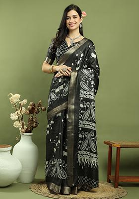 Black Zari Woven Silk Blend Saree Set