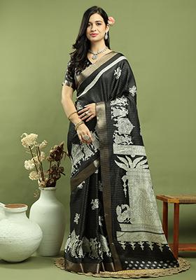Black Zari Woven Silk Blend Saree Set