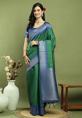 Green Zari Woven Silk Blend Saree Set