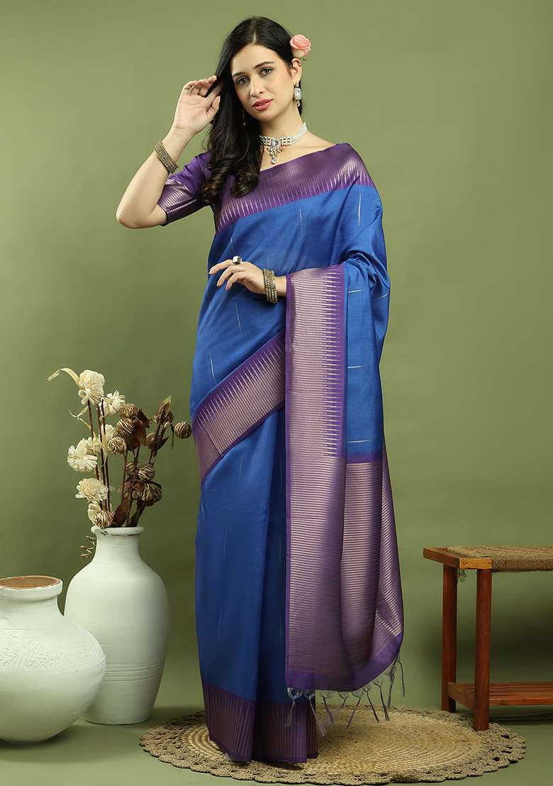 Blue Zari Woven Silk Blend Saree Set for Diwali and Festive Wear - Indya