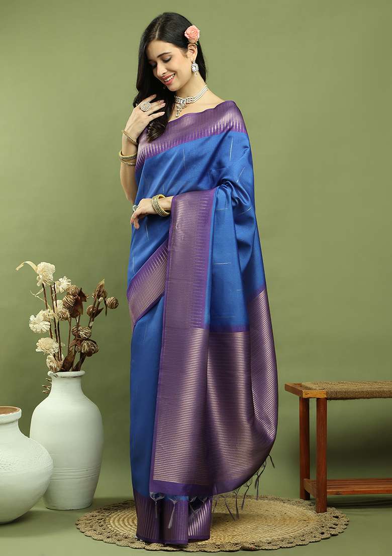 Blue Zari Woven Silk Blend Saree Set for Diwali and Festive Wear - Indya