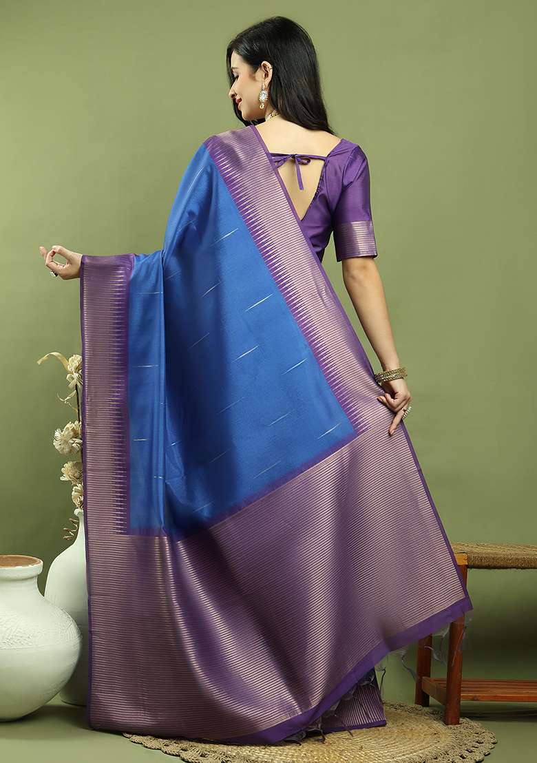 Blue Zari Woven Silk Blend Saree Set for Diwali and Festive Wear - Indya