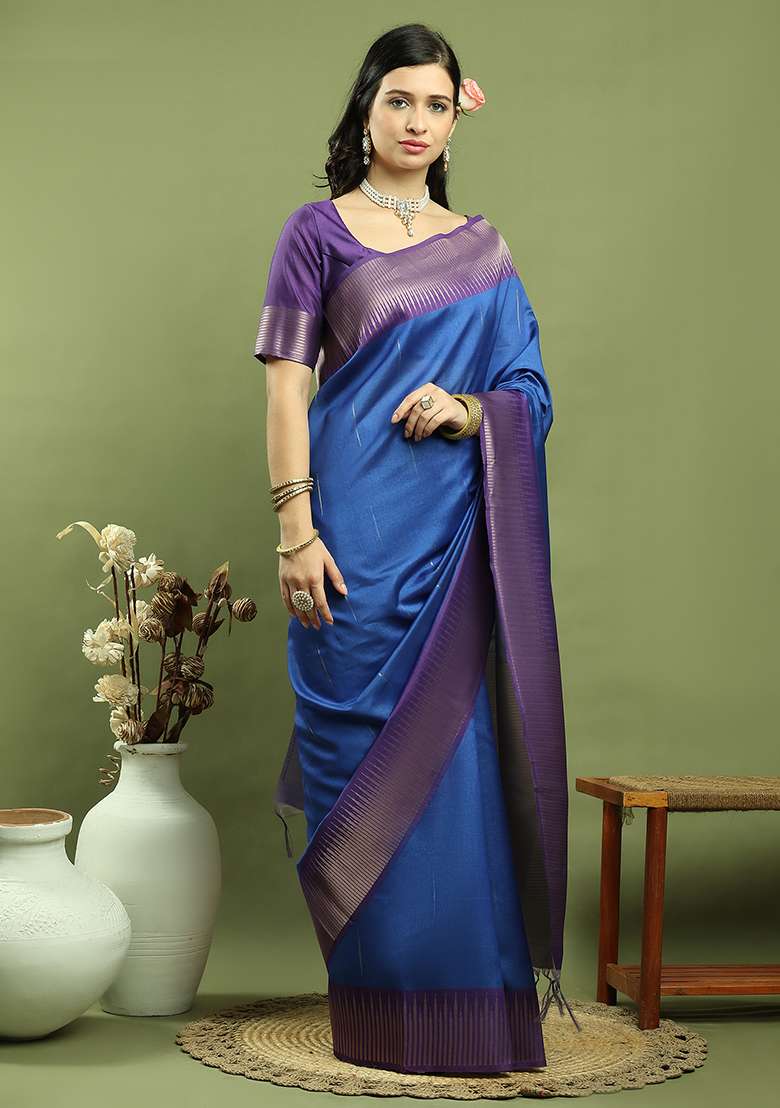 Blue Zari Woven Silk Blend Saree Set for Diwali and Festive Wear - Indya