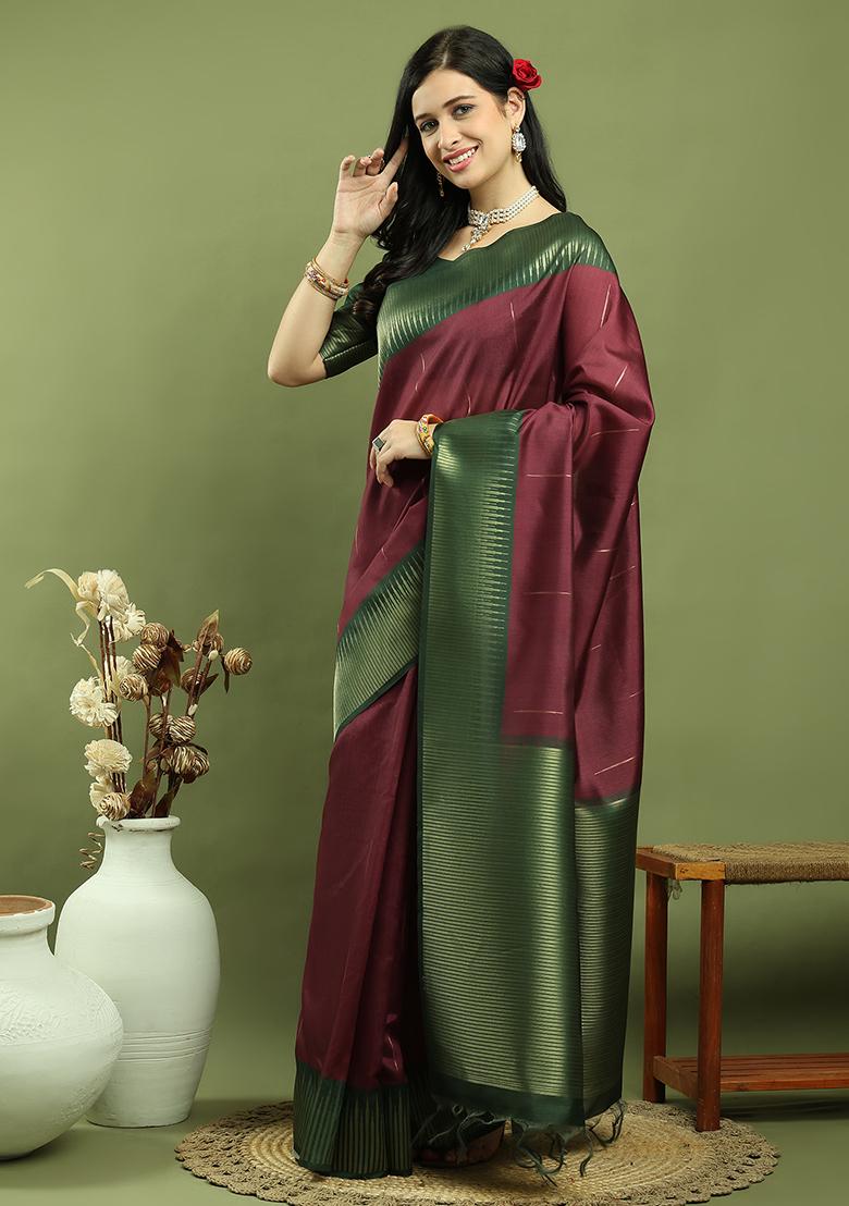Burgundy Zari Woven Silk Blend Saree Set