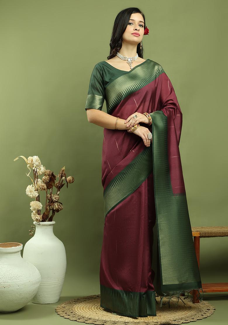 Burgundy Zari Woven Silk Blend Saree Set