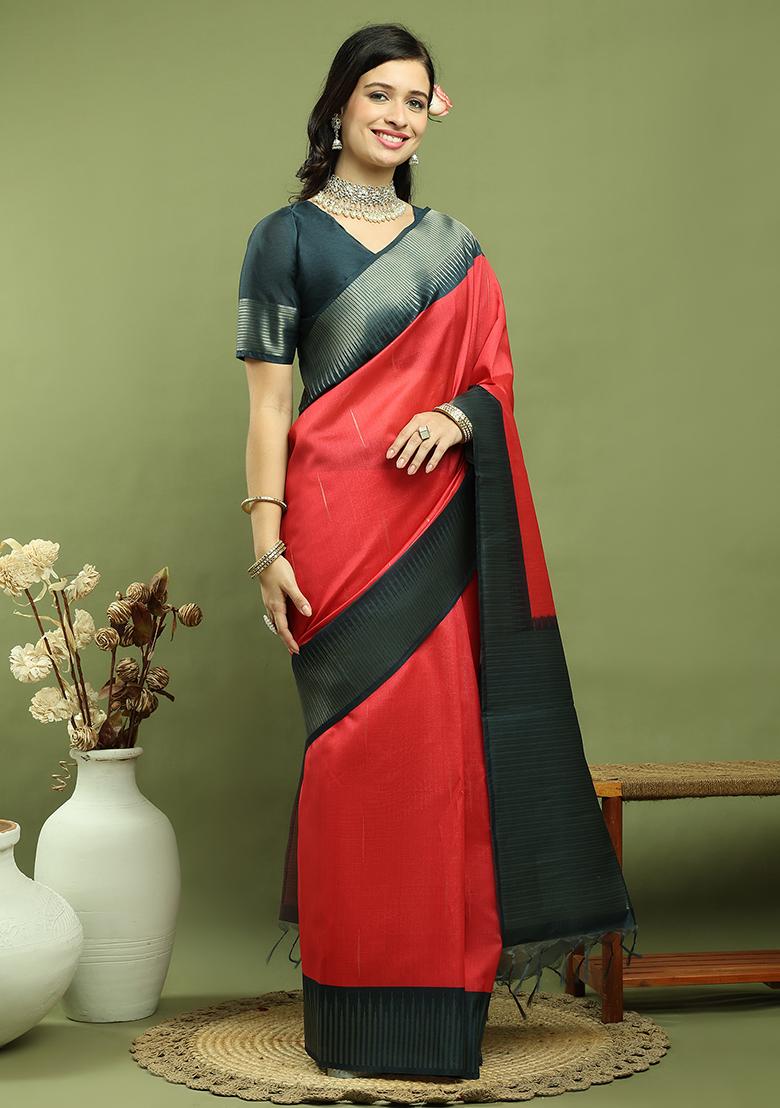Red Zari Woven Silk Blend Saree Set