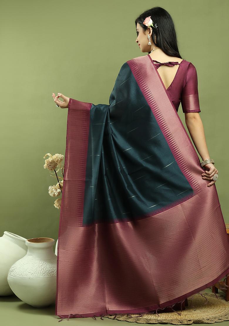 Teal Zari Woven Silk Blend Saree Set