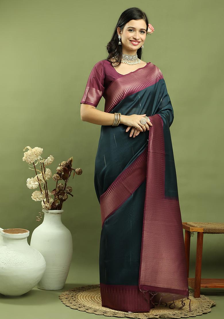 Teal Zari Woven Silk Blend Saree Set