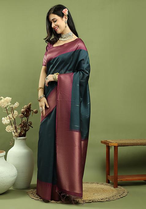 Teal Zari Woven Silk Blend Saree Set