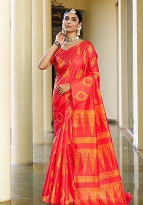 Red Digital Print Cotton Saree Set