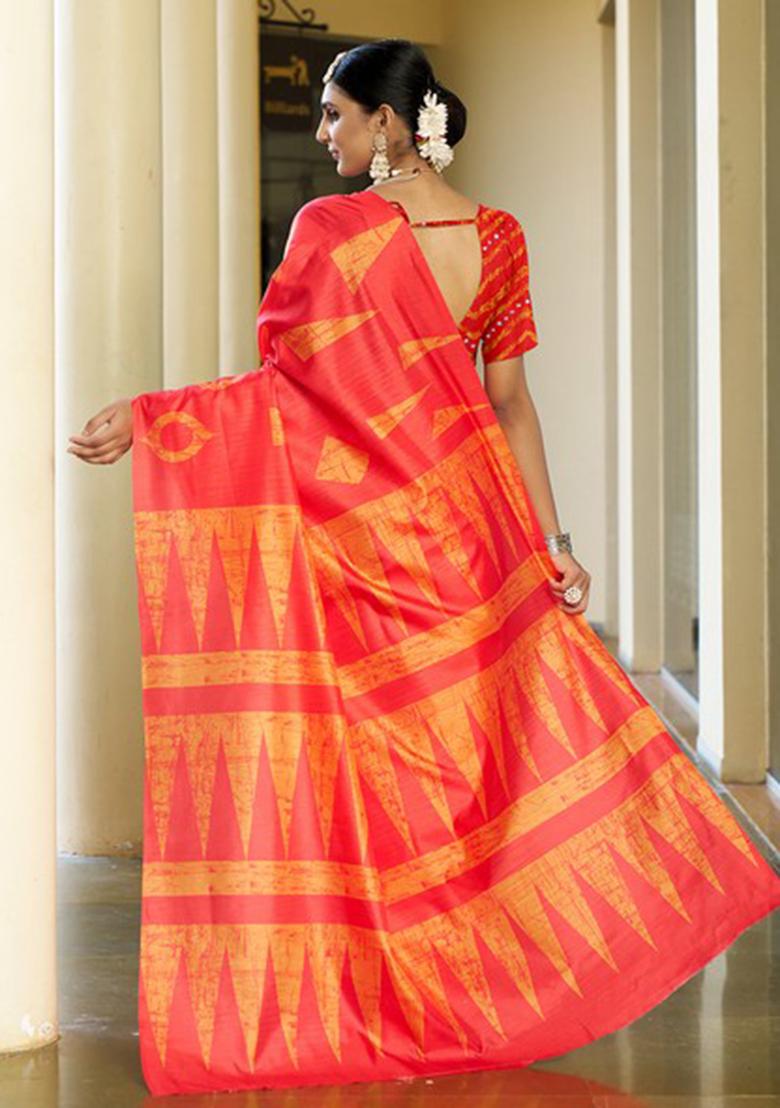 Red Digital Print Cotton Saree Set