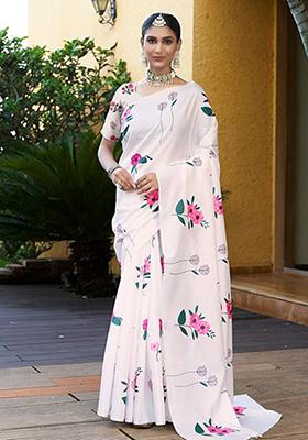 White Digital Print Cotton Saree Set