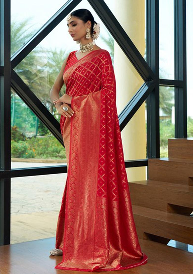 Red Bandhani Print Crepe Saree Set