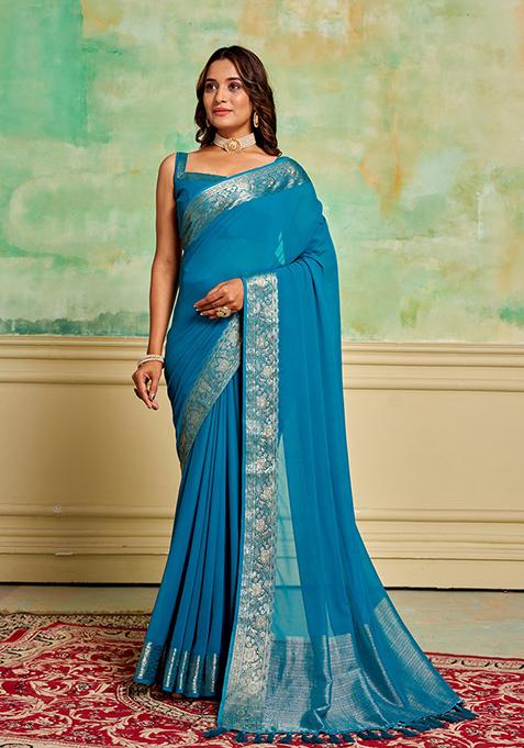Blue Woven Crepe Saree Set