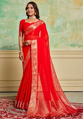 Red Woven Crepe Saree Set