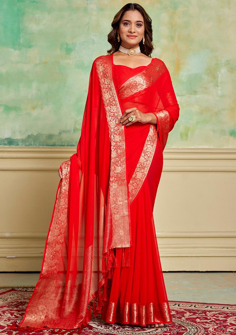 Red Woven Crepe Saree Set