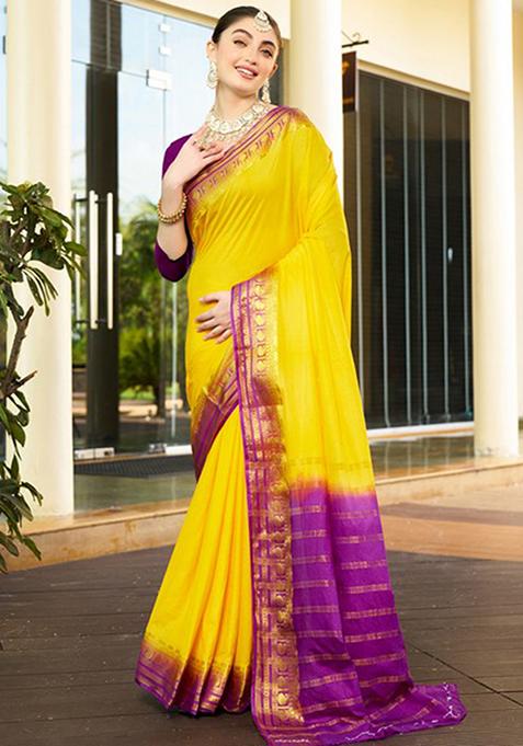 Yellow Woven Crepe Saree Set