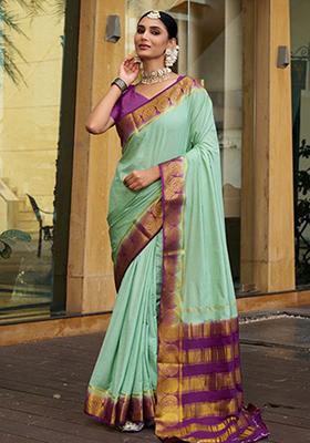 Green Woven Crepe Saree Set