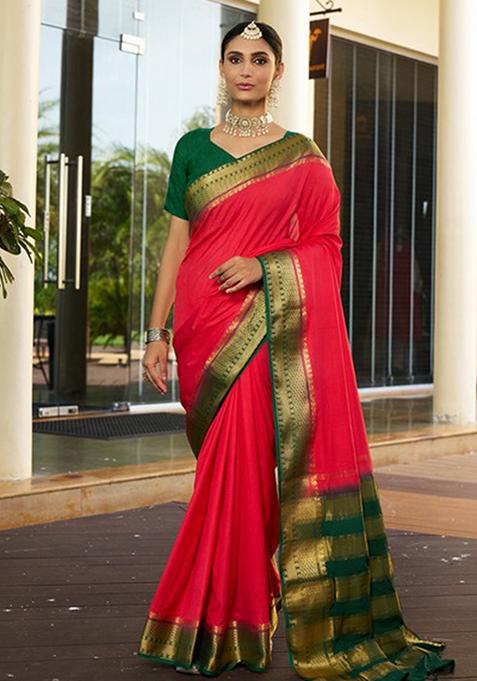Pink Woven Crepe Saree Set