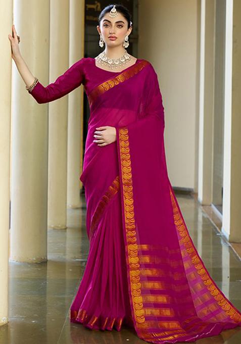 Pink Woven Crepe Saree Set