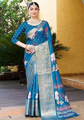 Blue Printed Crepe Saree Set