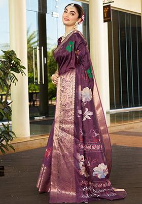 Wine Printed Crepe Saree Set