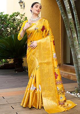Yellow Printed Crepe Saree Set