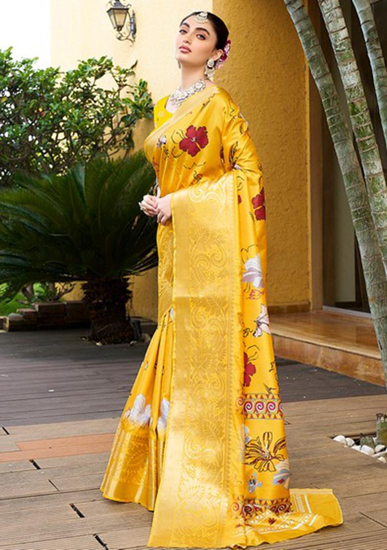 Yellow Printed Crepe Saree Set