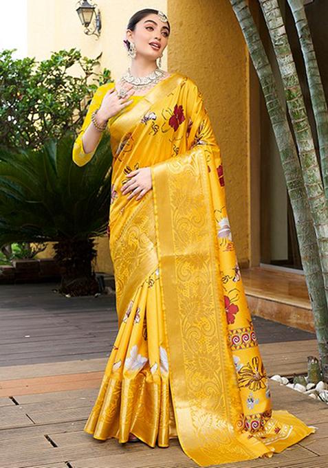 Yellow Printed Crepe Saree Set