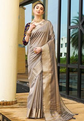 Brown Striped Khadi Saree Set