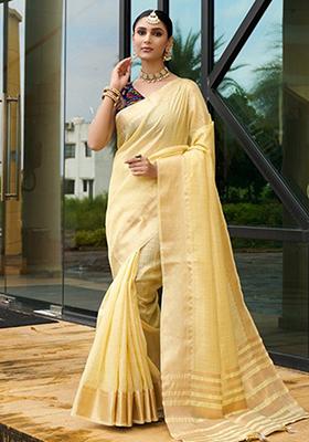 Yellow Striped Khadi Saree Set