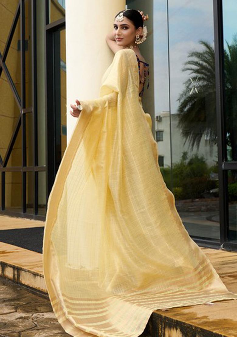 Yellow Striped Khadi Saree Set