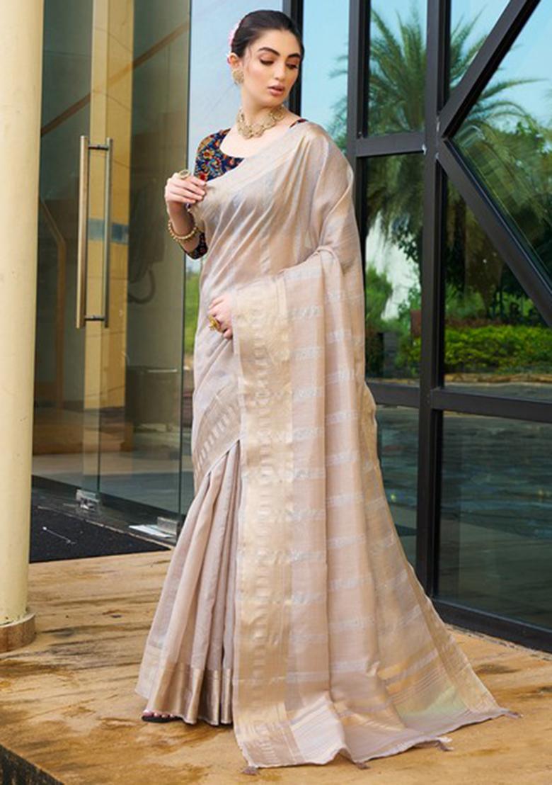 Brown Striped Khadi Saree Set