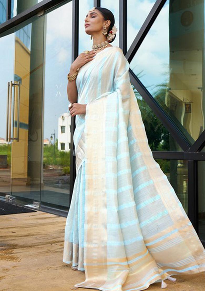 Sky Blue Striped Khadi Saree Set
