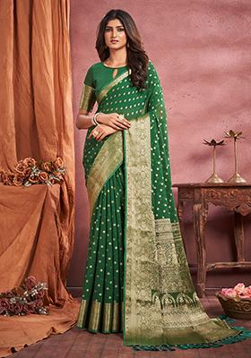 Green Woven Georgette Saree Set