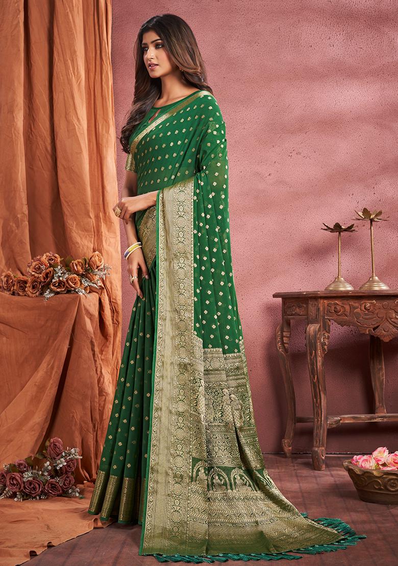 Green Woven Georgette Saree Set
