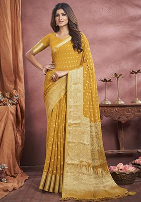 Mustard Woven Georgette Saree Set