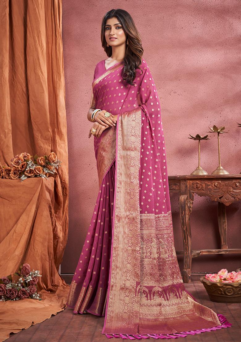 Onion Pink Woven Georgette Saree Set