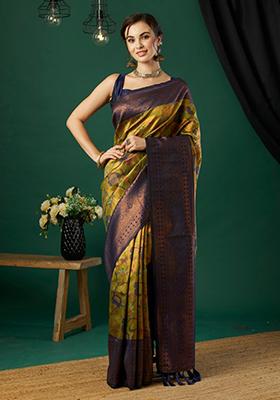 Parrot Green Woven Banarasi Silk Saree Set