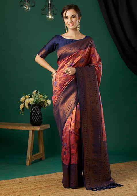Pink Woven Banarasi Silk Saree Set