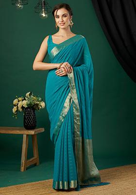 Aqua Blue Striped Chinon Saree Set