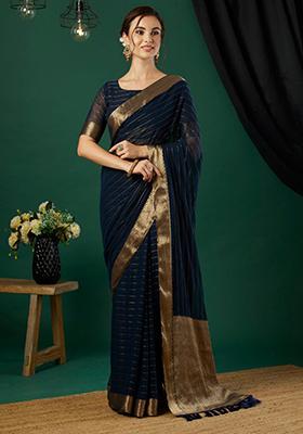 Blue Striped Chinon Saree Set