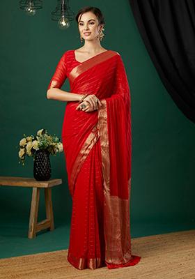 Red Striped Chinon Saree Set