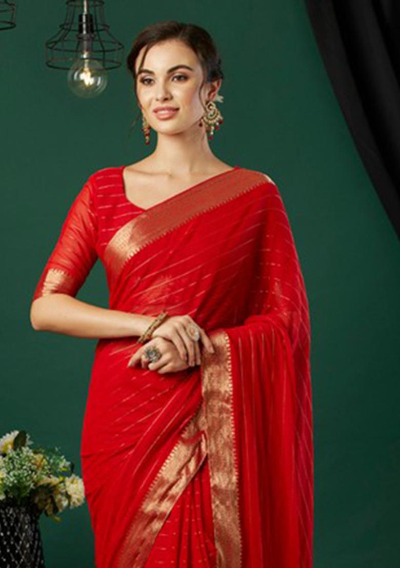 Red Striped Chinon Saree Set