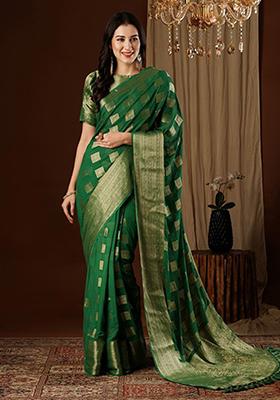 Green Woven Georgette Saree Set