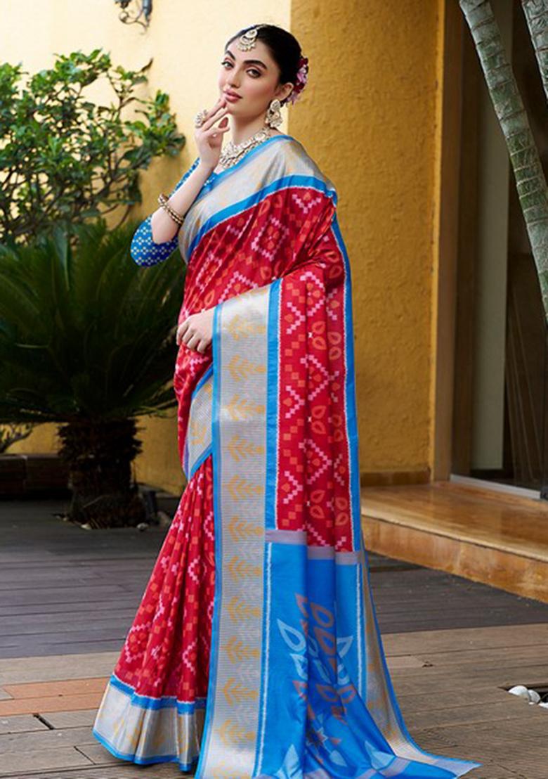 Red Digital Print Crepe Saree Set